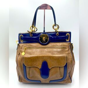 Auth Balenciaga Smooth Brown Leather Navy Patent Top Handle Moon Bag Preloved